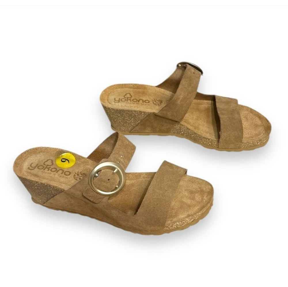 YOKONO Suede Two Strap Cork Wedge Sandals
